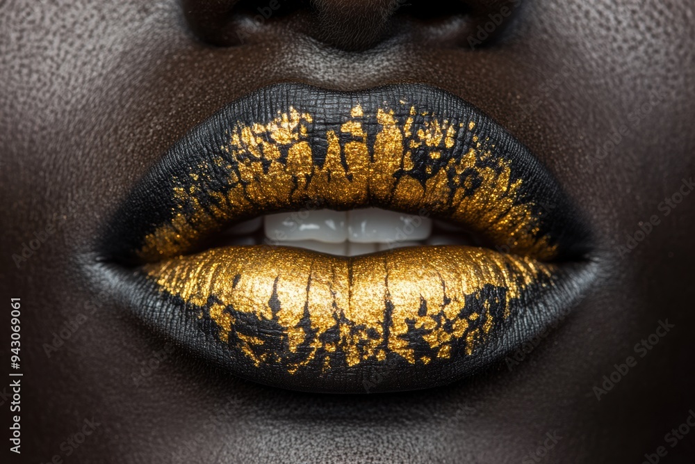 Close-up of luxurious gold flecked black lipstick on lips Close-up of luxurious gold flecked black lipstick on lips