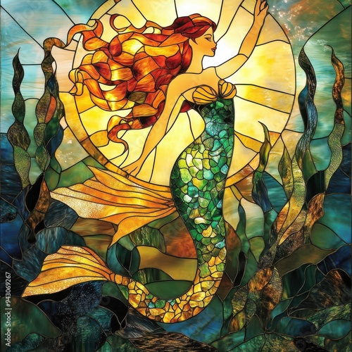 Stained glass artwork featuring a vibrant mermaid with flowing hair in an underwater scene
