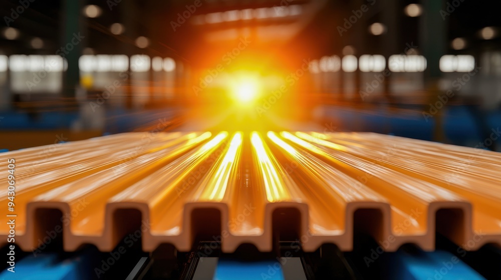 Close-up of metal sheet with warm lighting, showcasing a vibrant orange hue in an industrial factory setting. Close-up of metal sheet with warm lighting, showcasing a vibrant orange hue in an industrial factory setting.