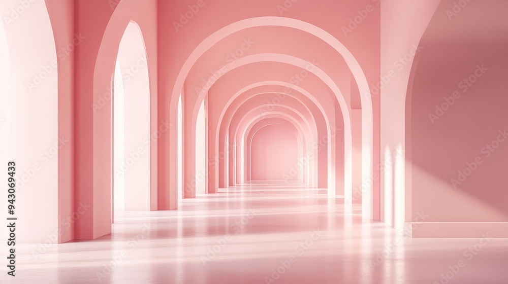 A serene corridor with soft pink arches and light, creating a calming and elegant atmosphere. A serene corridor with soft pink arches and light, creating a calming and elegant atmosphere.