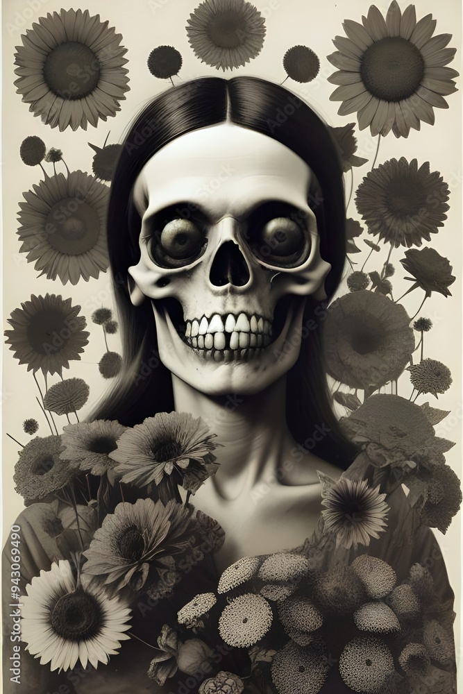 Fototapeta premium Collage art featuring flowers, zombie, skulls, spooky, halloween, eerie, macabre, horror, dark, gothic, surreal, creepy, undead, blossoms, petals, bones, haunted, death, scary, freaky, eerie, ghouls