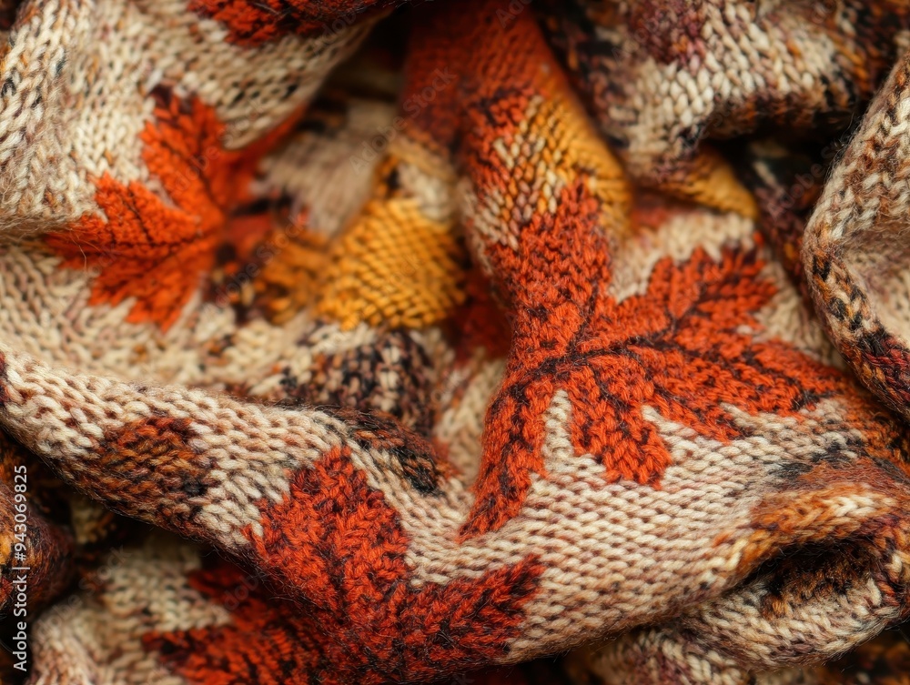 Fototapeta premium seamless pattern, A cozy knitted fabric featuring autumn leaves in vibrant colors, perfect for seasonal decor and fashion.