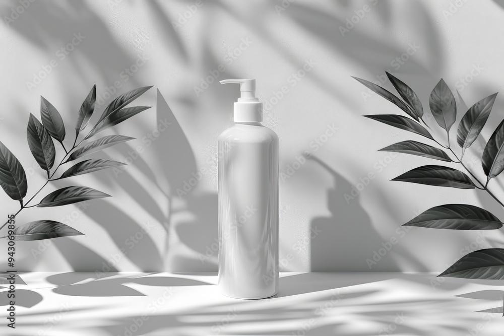 White pump empty bottle on white surface with shadow, mockup, concept, mock up, cosmetic package, for label, minimalistic White pump empty bottle on white surface with shadow, mockup, concept, mock up, cosmetic package, for label, minimalistic