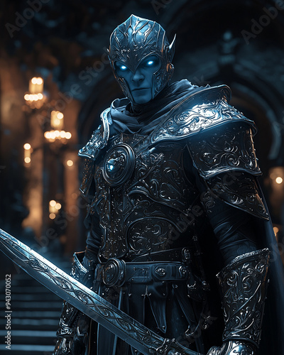 mysterious drow knight in glowing blue-eyed helmet and detailed armor, gripping a sword in a dimly lit ancient hall with tall candles, fantasy setting