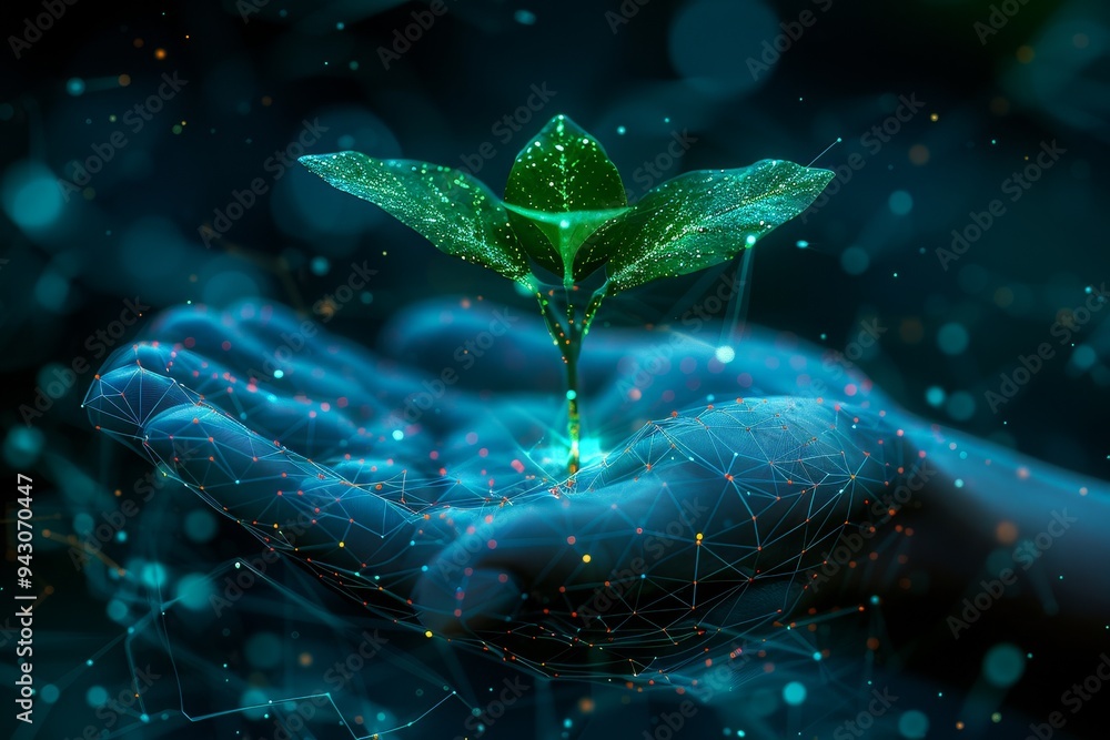 closeup abstract digital hand holds plant against backdrop of blue tech ...