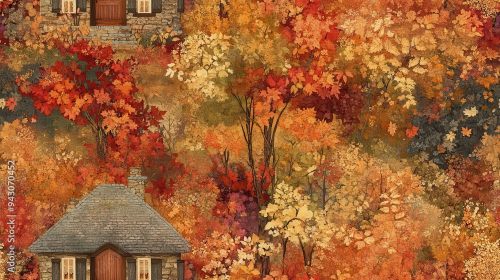 seamless pattern, A vibrant autumn landscape with colorful trees and rustic houses, showcasing the beauty of fall foliage in nature. seamless pattern, A vibrant autumn landscape with colorful trees and rustic houses, showcasing the beauty of fall foliage in nature.