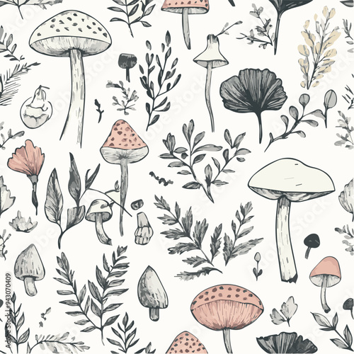 Illustration seamless pattern of nature elements in hand-drawn style