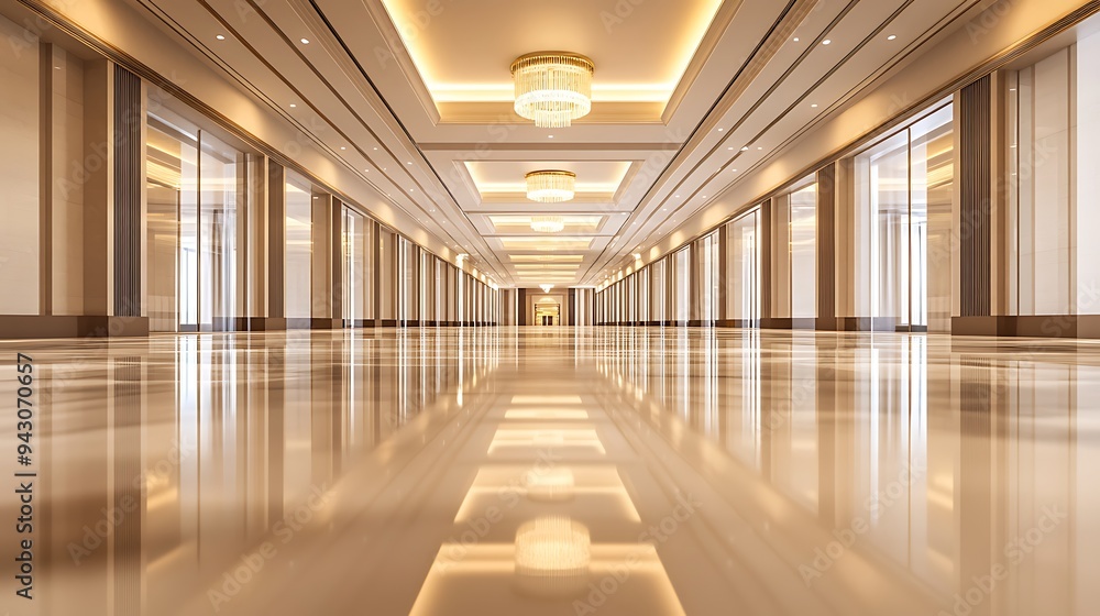 Minimalist Empty Banquet Hall with Sleek Glossy Flooring and Elegant Architectural Features for Upscale Gatherings Minimalist Empty Banquet Hall with Sleek Glossy Flooring and Elegant Architectural Features for Upscale Gatherings