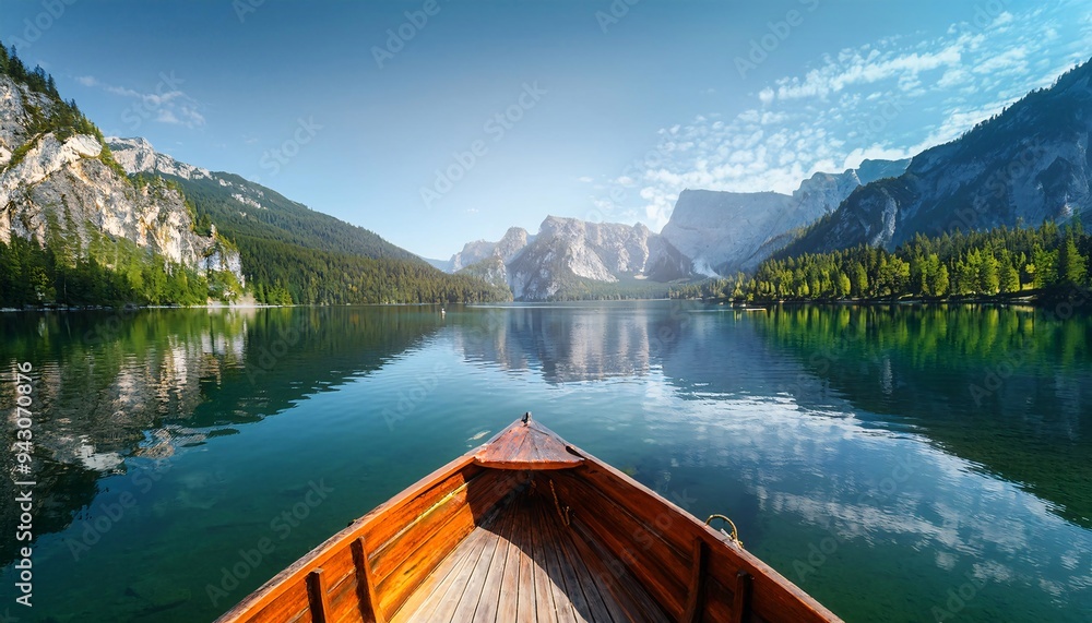 Obraz premium Peaceful scenery of a wooden boat moored on a calm lake surrounded by mountains. lake Louise Banff national park.