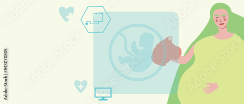 Pregnant woman and online halogram with embryo online, flat vector illustration with pregnant woman