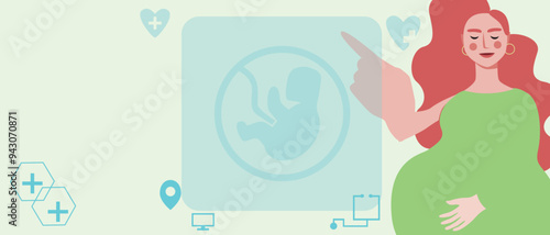 Pregnant woman and halogram with embryo online, flat vector illustration with pregnant woman