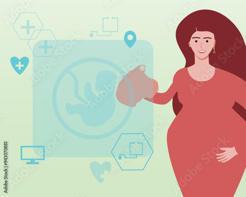 Pregnant woman and halogram with embryo online, flat vector illustration with pregnant woman