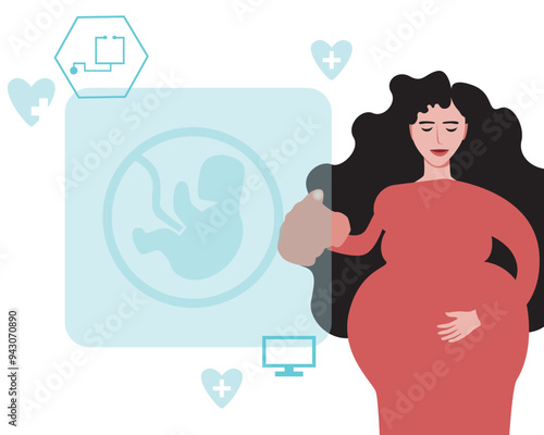Pregnant woman and halogram with embryo, flat vector illustration with pregnant woman