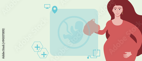 Pregnant woman and halogram with embryo with place for text, flat vector illustration with pregnant woman