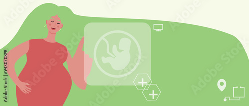 Loving pregnant woman and modern doctor appointment online, flat vector illustration with pregnant woman.