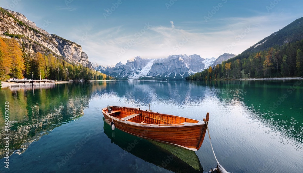Peaceful scenery of a wooden boat moored on a calm lake surrounded by mountains. lake Louise Banff national park. Peaceful scenery of a wooden boat moored on a calm lake surrounded by mountains. lake Louise Banff national park.