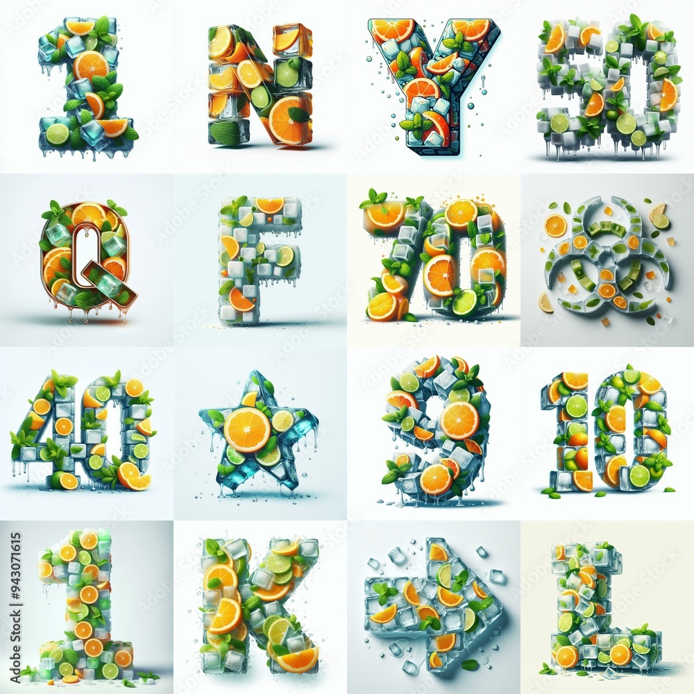 Fototapeta premium Ice cubes and mints and citrus Lettering Typeface. AI generated illustration