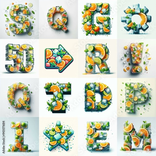 Ice cubes and mints and citrus Lettering Typeface. AI generated illustration