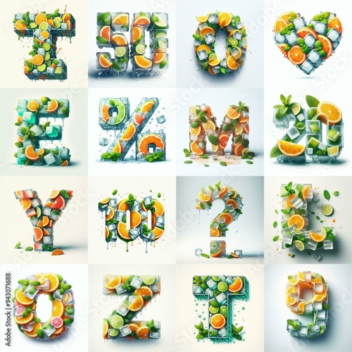 Ice cubes and mints and citrus Lettering Typeface. AI generated illustration