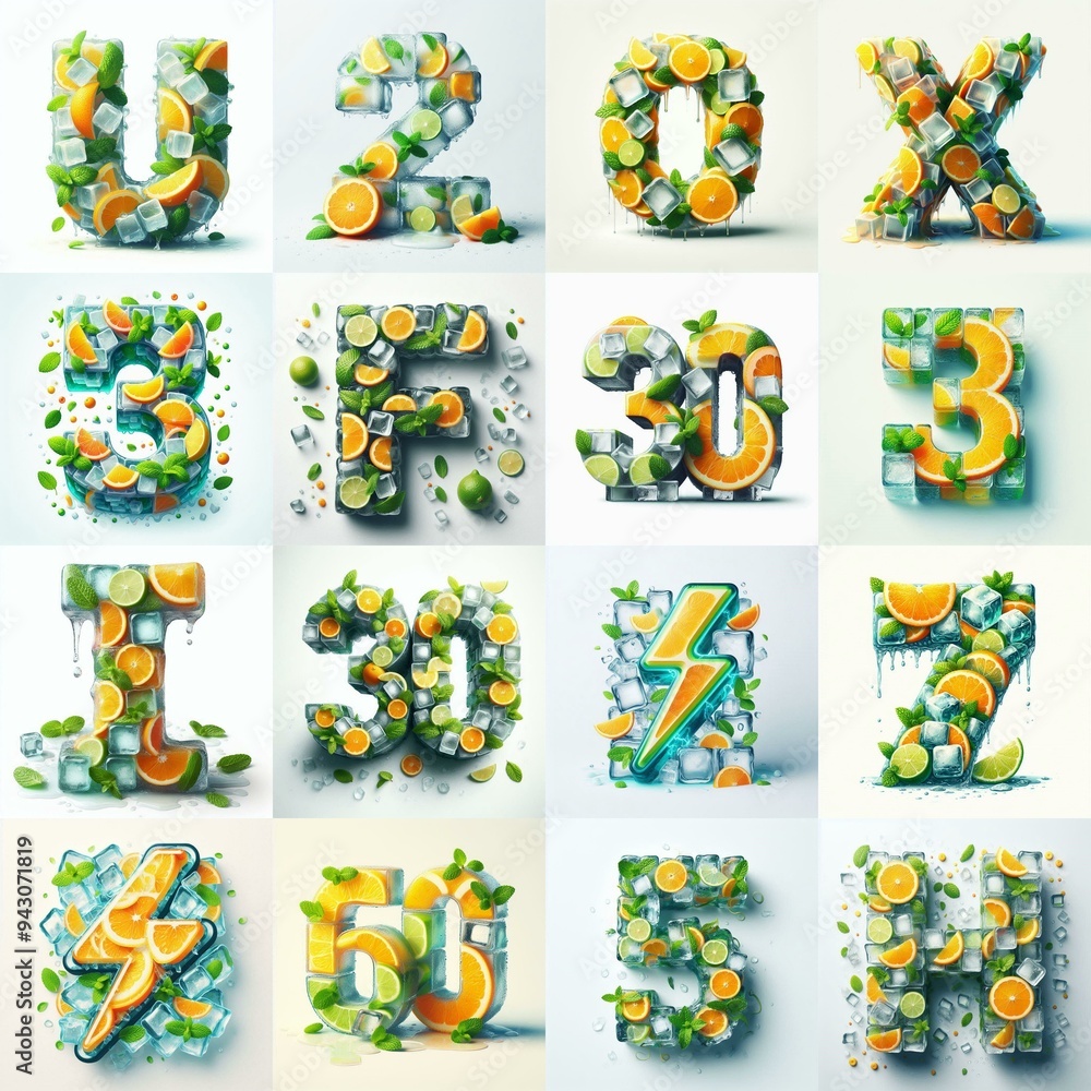 Fototapeta premium Ice cubes and mints and citrus Lettering Typeface. AI generated illustration