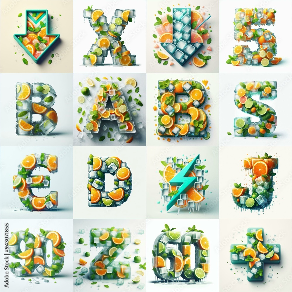 Fototapeta premium Ice cubes and mints and citrus Lettering Typeface. AI generated illustration