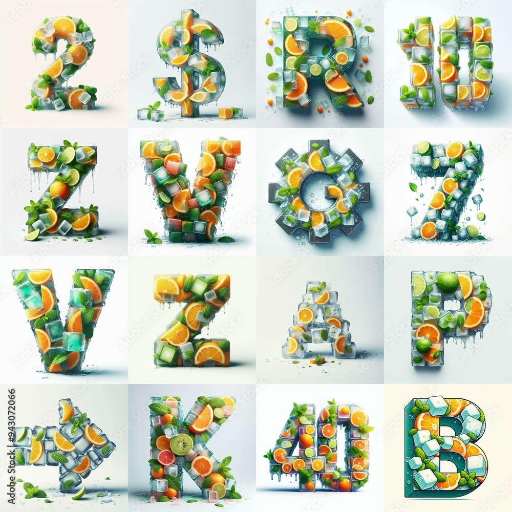 Fototapeta premium Ice cubes and mints and citrus Lettering Typeface. AI generated illustration