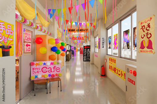 賑やかに飾り付けられた文化祭当日の廊下 / スクールイベント・学園ロケーション・青春とノスタルジーのコンセプトイメージ / 3Dレンダリング