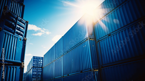 Blue cargo containers stacked up, with the sun shining through them.