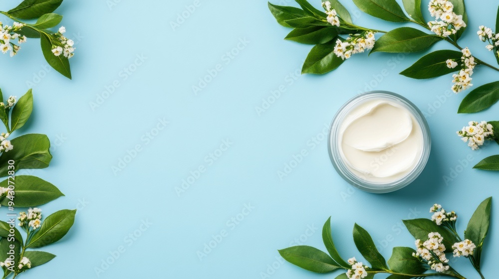 Fresh skincare cream with natural blossoms on blue background Fresh skincare cream with natural blossoms on blue background