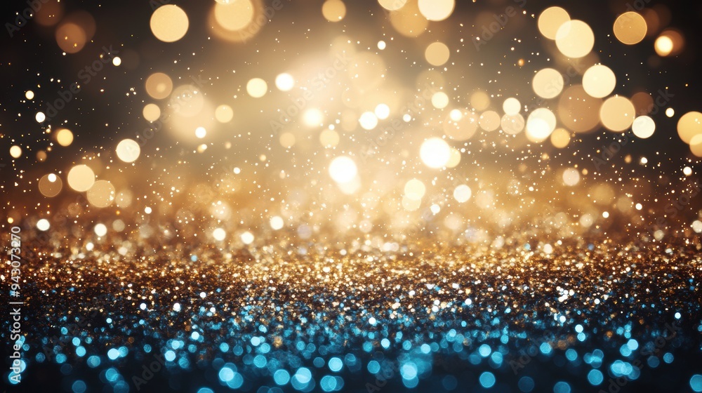 Sparkling golden bokeh lights on blue background for festive backdrop Sparkling golden bokeh lights on blue background for festive backdrop
