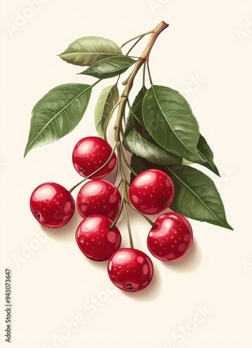 Artistic illustration of ripe cherries with leaves on a light background 