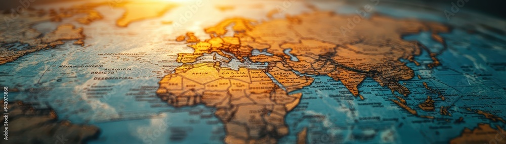 Stunning Panoramic View of a World Map Highlighting Continents and Countries with Warm Sunlight Stunning Panoramic View of a World Map Highlighting Continents and Countries with Warm Sunlight