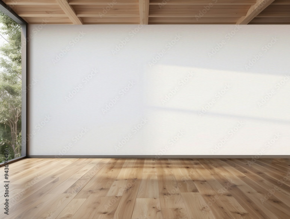 Empty Room with Hardwood Floor, White Wall, and Wooden Beams Empty Room with Hardwood Floor, White Wall, and Wooden Beams
