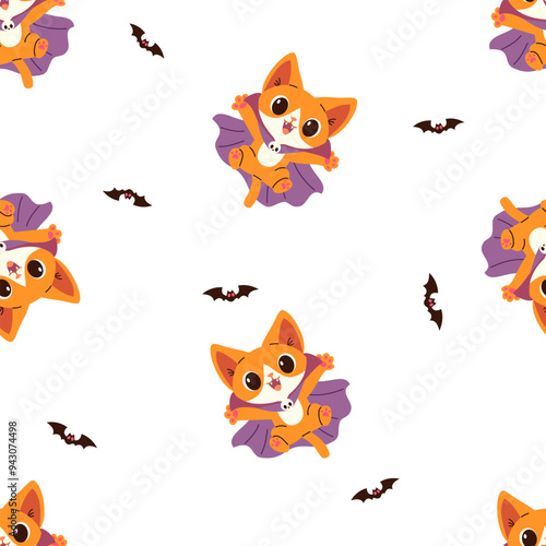 Seamless vector pattern for the Halloween holiday. Cute kitten in dracula costume, bats . Vector illustration