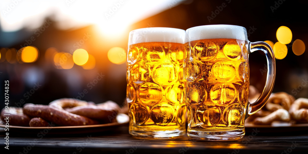 A group of friends toasting with beer mugs at Oktoberfest, enjoying pretzels and sausages at a vibrant festival A group of friends toasting with beer mugs at Oktoberfest, enjoying pretzels and sausages at a vibrant festival