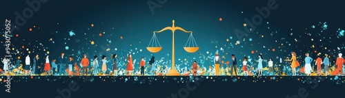 Diverse Crowd of People Standing in Line with Scales of Justice in Background, Symbolizing Equality and Fairness