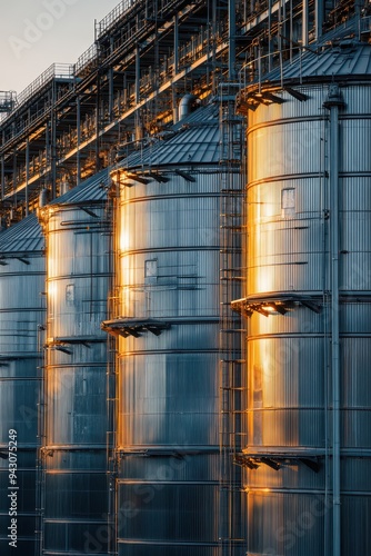 Industrial Silos at Sunset with Golden Reflections on Metal Surfaces and Complex Pipe Structures