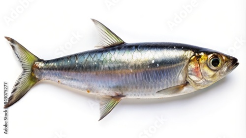 photo image of a single sardine isolated on a white background, with its shiny scales reflecting the light, slightly imperfect and imperfectly posed. photo