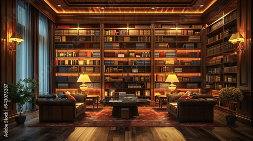 Warm, Glowing Lamps and Neat Shelves Create a Cozy and Scholarly Home Library.