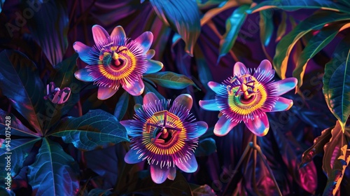 Exotic jungle scene with glowing, radiant passionflowers in vibrant colors. photo