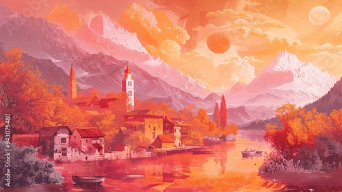 Landscape painting in blended shades of orange and pink with chiaroscuro, featuring lakes, mountains, and villages. photo