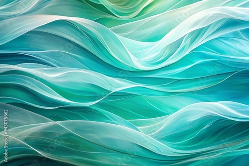 Soft, wavy shapes in serene aqua blue and green hues encompassed by white lines flowing from a central point, evoking a sense of calm and serenity.