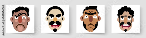 Set of vector faces. People avatar icons. Aggressive emotions in social networks. Arabs, Spaniards, Italians, Portuguese. Faces of male characters. Close-up portraits.