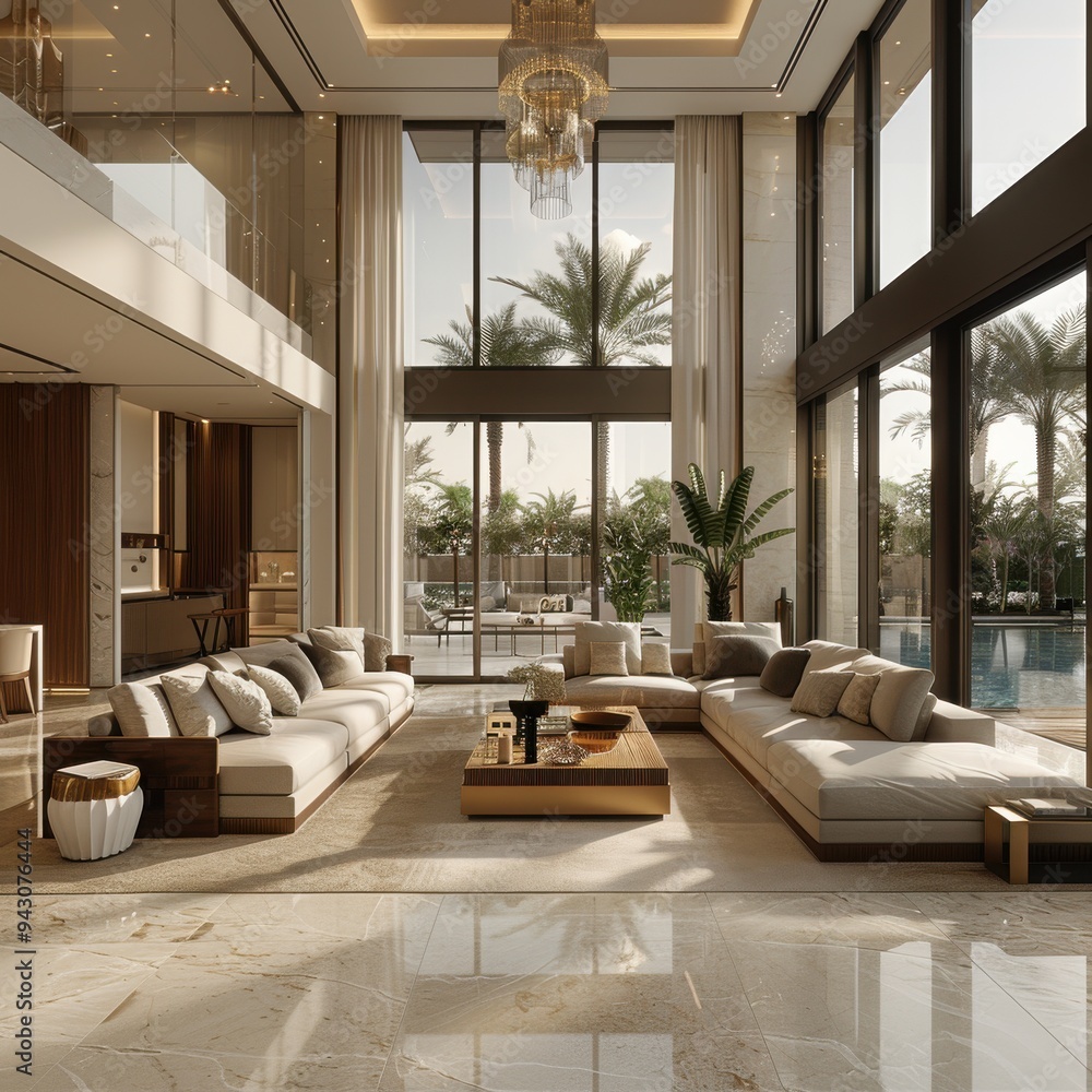 Luxurious modern living room interior design with large windows overlooking a palm tree garden Luxurious modern living room interior design with large windows overlooking a palm tree garden