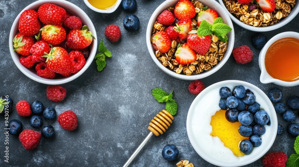 Healthy breakfast spread with fruits, granola, honey Healthy breakfast spread with fruits, granola, honey
