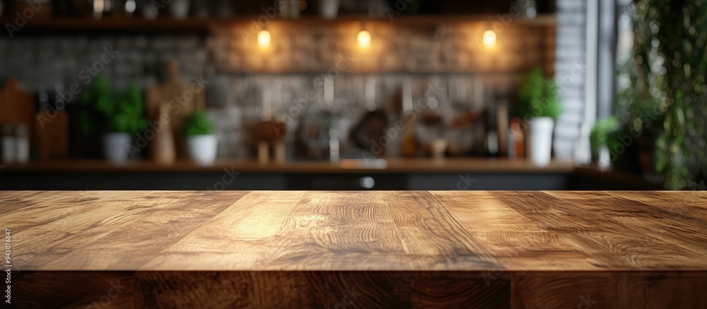 Rustic Wooden Kitchen Countertop with Blurred Background of Modern Kitchen Interior and Warm Lighting Rustic Wooden Kitchen Countertop with Blurred Background of Modern Kitchen Interior and Warm Lighting