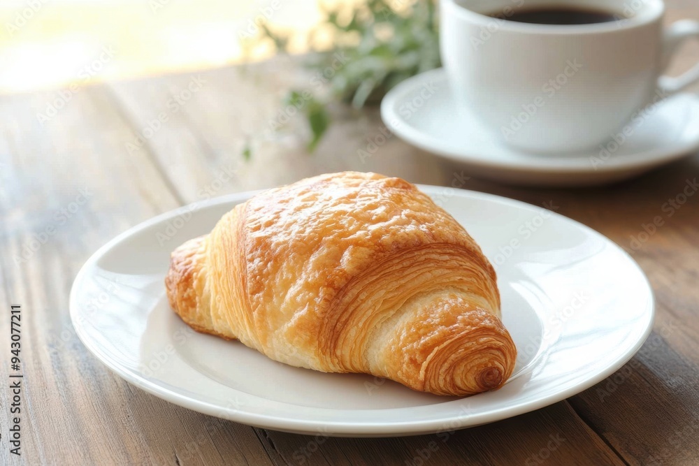 Freshly baked croissant on plate with cup of coffee Freshly baked croissant on plate with cup of coffee