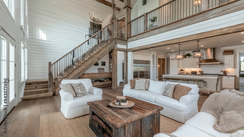 A spacious, modern living room with wooden accents, featuring a cozy seating area and an open kitchen design. A spacious, modern living room with wooden accents, featuring a cozy seating area and an open kitchen design.