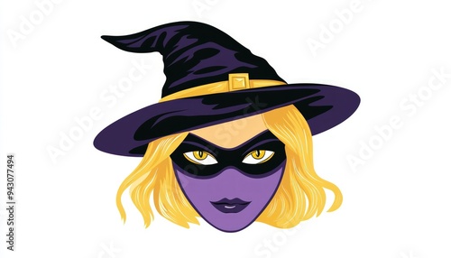 Clip art style purple witch mask with yellow hair on a simple white background.