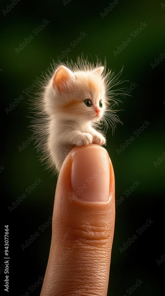 Adorable tiny kitten sitting on a finger with a blurred green background
Adorable tiny kitten sitting on a finger with a blurred green background